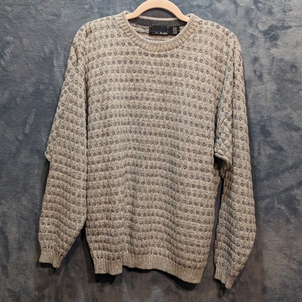 Vintage Bill Blass Mens Grey Blue Textured Knit Crewneck Sweater Made in USA L